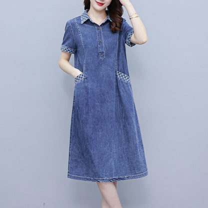 Stylish Plaid Lapel Buttoned Denim Dress