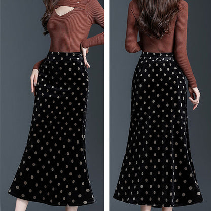 Elegant Polka Dot - Golden Velvet Hip Wrap Fishtail Dress